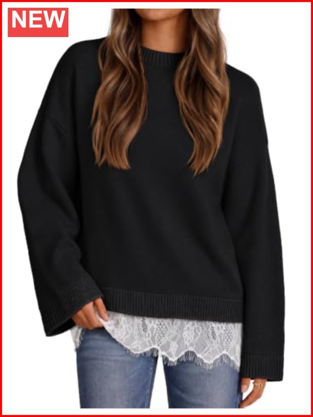 Oversized Lace Sweater Pullover Crew Neck Long Sleeve Knit